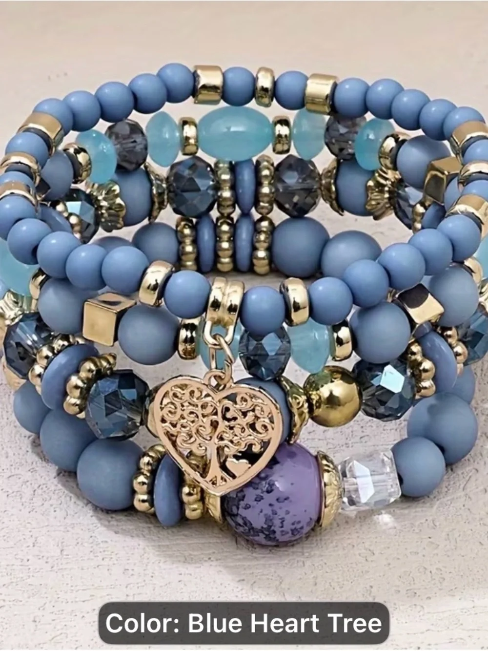 Handmade European & American Hole Bule Beaded Heart Tree Bracelet Stack